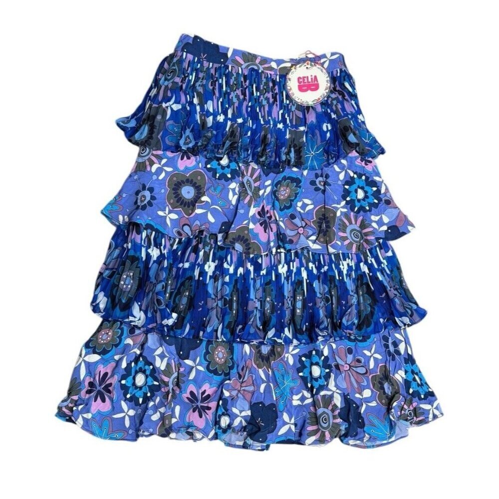 Celia B Sz L Skirt Blue Tiered Floral Midi Boho Retro Anthropologie CeliaB